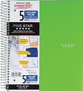 Photo 1 of Five Star Spiral Notebook, 5 Subject, College Ruled Paper, 200 Sheets, 11" x 8-1/2", Color Selected For You, 1 Count (06112)
