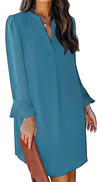 Photo 1 of ANFTFH Women's Casual Dresses Short/Long Sleeve V-Neck Dress Casual Loose Shift Dresses LARGE 