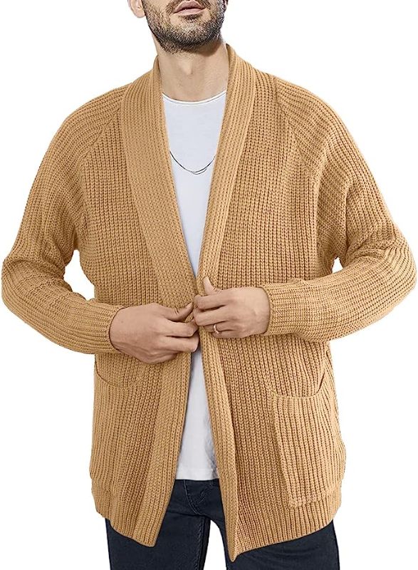 Photo 1 of Aoysky Mens Shawl Collar Cardigan Sweater Casual Long Sleeve Cotton Open Front Knit Sweater with Pockets SIZE SMALL
