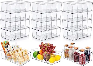 Photo 1 of 12 Pcs Food Storage Organizer Bins Acrylic Snack Organizer for Pantry Clear Bins with 3 Removable Dividers Refrigerator Organizer Bins Stackable Storage Bins Containers for Kitchen Fridge Cabinet
