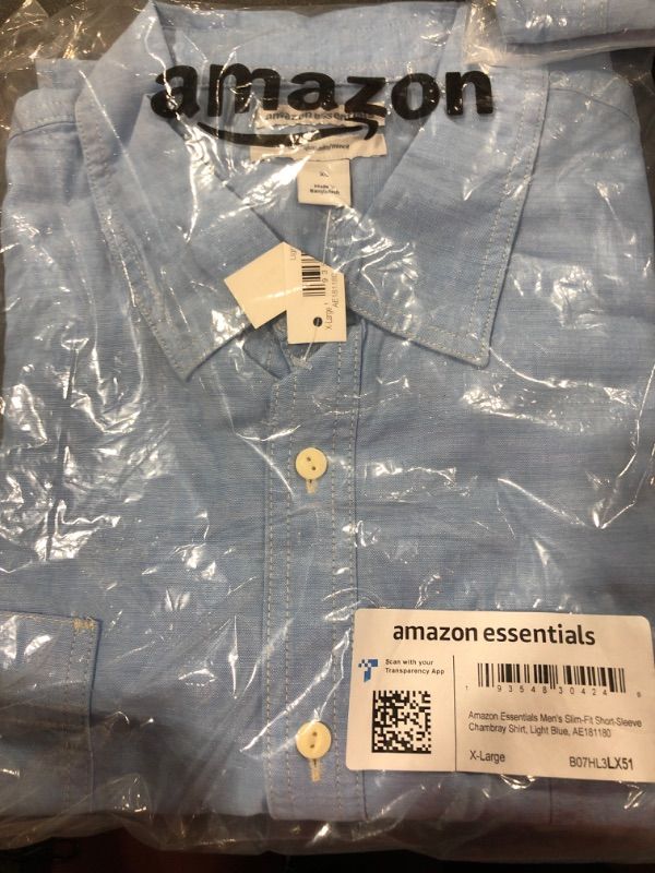 Photo 2 of Amazon Essentials Men's Slim-Fit Short-Sleeve Chambray Shirt X-Large Light Blue