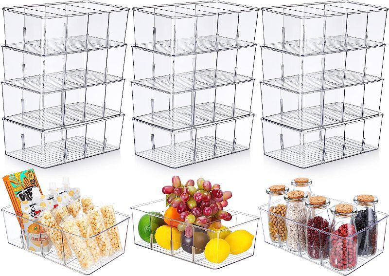 Photo 1 of 12 Pcs Food Storage Organizer Bins Acrylic Snack Organizer for Pantry Clear Bins with 3 Removable Dividers Refrigerator Organizer Bins Stackable Storage Bins Containers for Kitchen Fridge Cabinet
