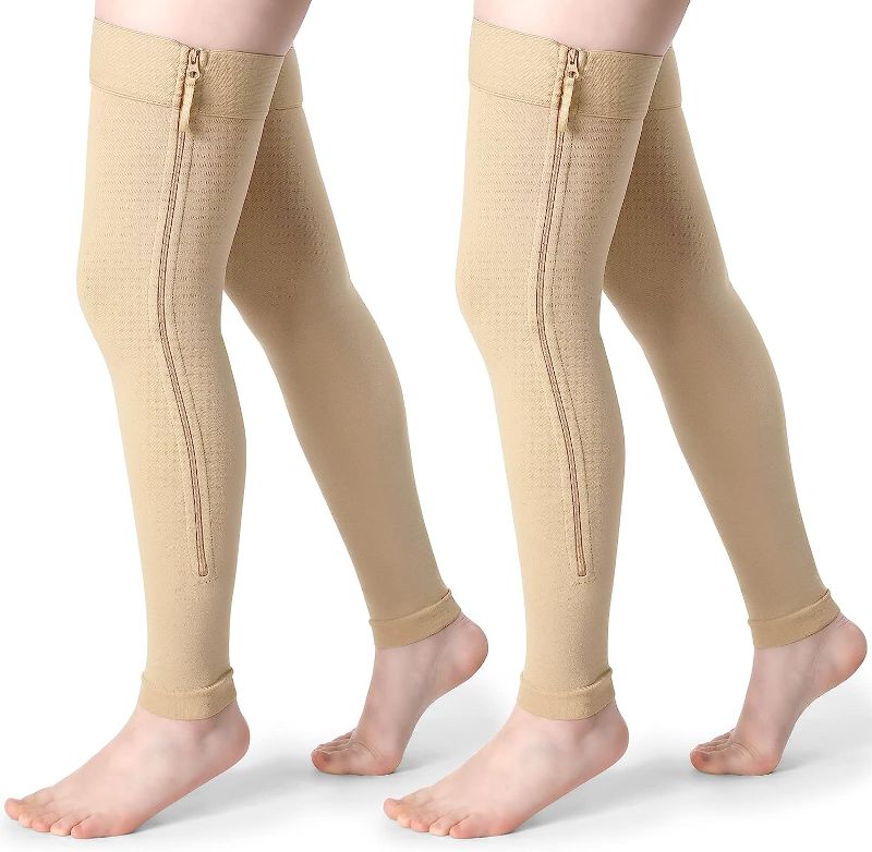 Photo 1 of Eurzom 2 Pair Zipper Compression Socks Thigh High 20-30 mmHg Footless Zipper Compression Stockings Thigh High for Women Men Swelling 