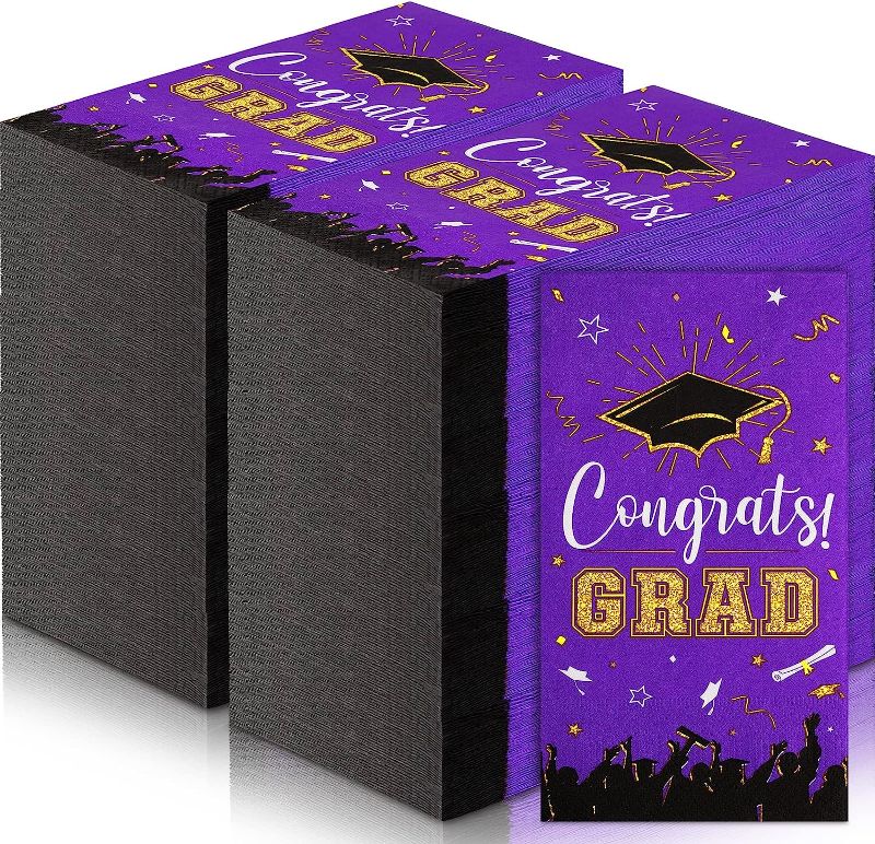 Photo 1 of 100 Pcs Graduation Party Napkins Disposable Congrats Grad Napkins 13" x 16" Graduation Cap Dinner Napkins Class of 2023 Grad Cocktail Napkins Guest Paper Towels for Grad Party Supplies (Purple)