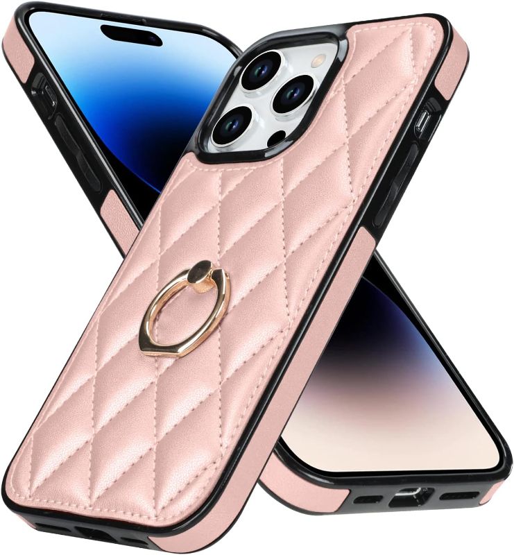 Photo 1 of MZELQ for iPhone 14 Pro Case Stand, Kickstand Mental Ring Elegant Luxury Leather for iPhone 14 Pro Case, Full Body Protection iPhone 14 Pro Case for Girls Women -Pink