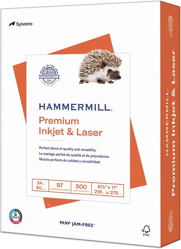 Photo 1 of Hammermill Premium Inkjet & Laser 8.5" x 11" Multipurpose Paper, 24 lbs., 97 Brightness, 500 Sheets/Ream