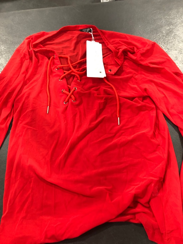 Photo 2 of COOFANDY Mens Sexy Lace up See Through Long Sleeve T Shirt Mesh Undershirts Red Medium