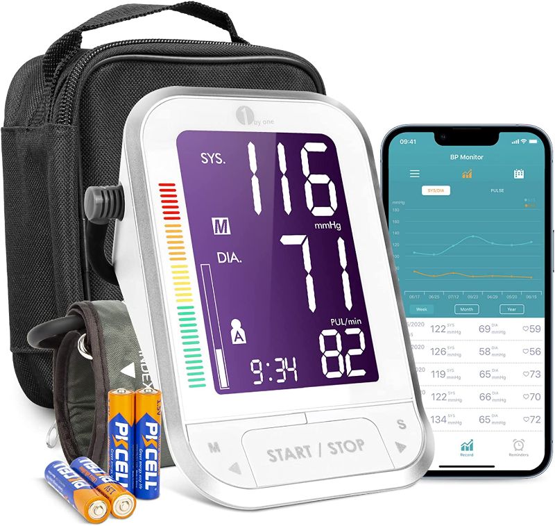 Photo 1 of 1 BY ONE Bluetooth Blood Pressure Machine Upper Arm Blood Pressure Monitor with Large Cuff Digital Automatic BP Monitor 120 Sets Memory, Includes Batteries, Carrying Case, Cloud Storage, Export Data
