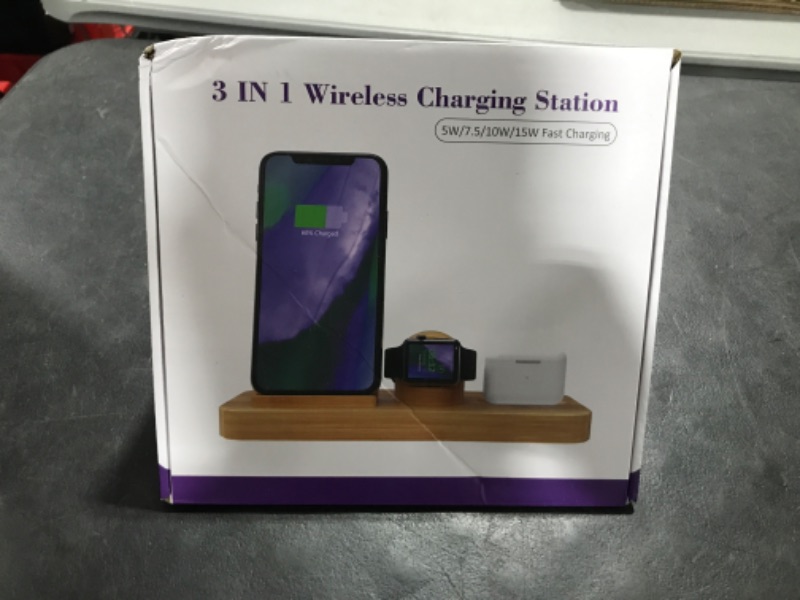 Photo 2 of Wireless Charging Station, Bamboo Wireless Charger, Fast 3 in 1 Wireless Charger Stand for iPhone 14/13/12/11/Pro/Max/XS/XR/X/8/Plus, for Apple Watch 7/6/5/4/3/2/SE, for AirPods 3/2/Pro