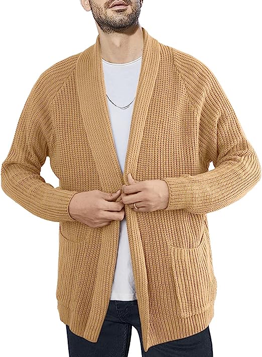 Photo 1 of Aoysky Mens Shawl Collar Cardigan Sweater Casual Long Sleeve Cotton Open Front Knit Sweater with Pockets, Small 