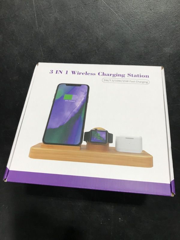 Photo 2 of Wireless Charging Station, OTESS Bamboo Wireless Charger, Fast 3 in 1 Wireless Charger Stand for iPhone 14/13/12/11/Pro/Max/XS/XR/X/8/Plus, for Apple Watch 7/6/5/4/3/2/SE, for AirPods 3/2/Pro