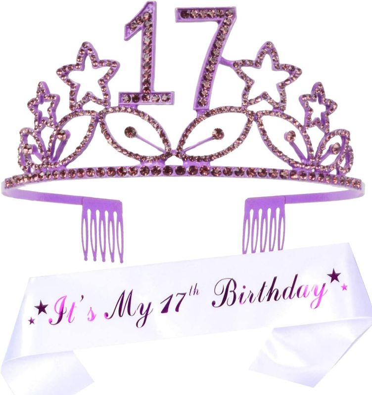 Photo 1 of 17th Birthday Gifts, 17th Birthday Tiara and Sash Purple, Sweet 17 Tiara, 17th Birthday Sash, 17th Birthday Crown, 17th Birthday Tiara, Happy 17th Birthday Crown and Sash, 17th Birthday Decorations