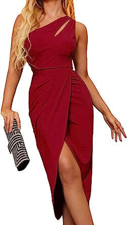 Photo 1 of Zalalus Women's Summer Sexy One Shoulder Cutout Ruched Bodycon Sleeveless Slit Short Club Dresses (Large, Wine Red)