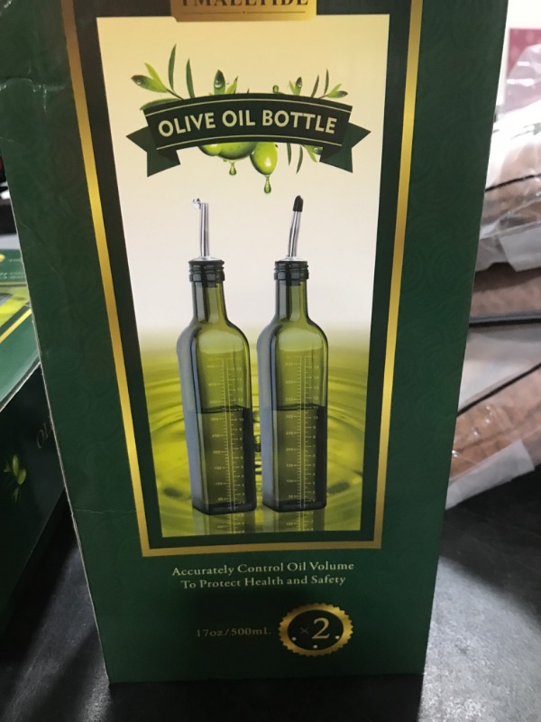Photo 2 of [2 PACK] 17 oz Glass Olive Oil Dispenser Bottle Set - 500ml Dark Green Oil & Vinegar Cruet Bottle with Pourers, Funnel and Labels - Olive Oil Carafe Decanter for Kitchen