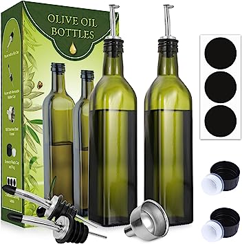 Photo 2 of [2 PACK] 17 oz Glass Olive Oil Dispenser Bottle Set - 500ml Dark Green Oil & Vinegar Cruet Bottle with Pourers, Funnel and Labels - Olive Oil Carafe Decanter for Kitchen