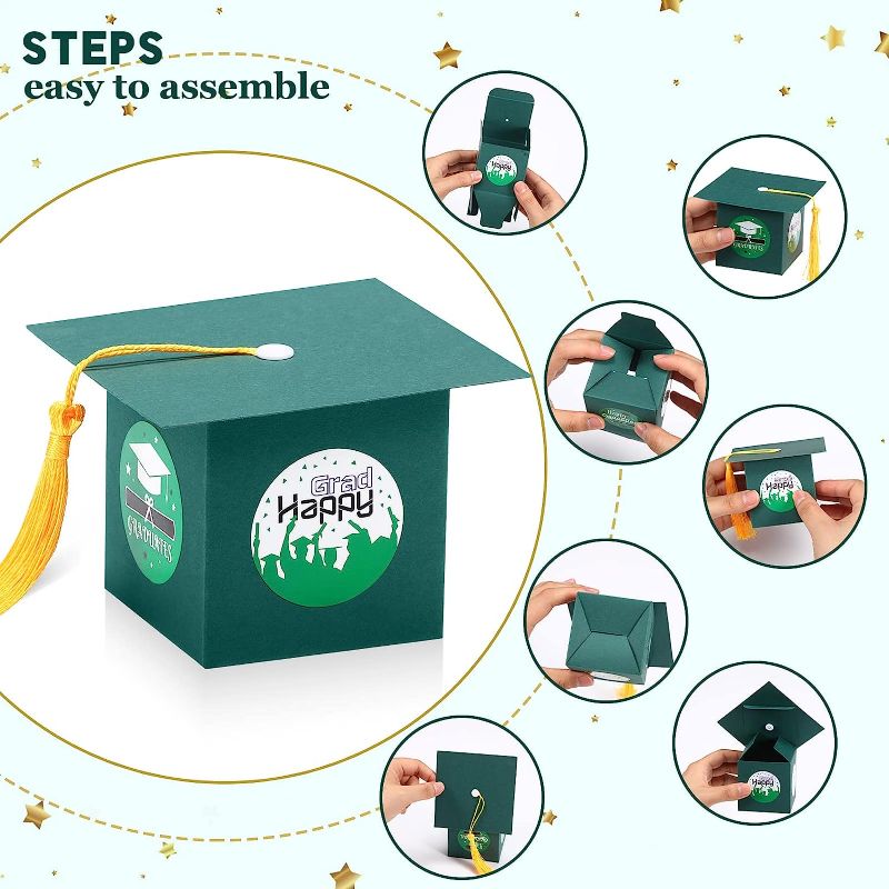 Photo 1 of 100 Pieces Graduation Gifts Box Set Including 100 Pcs Graduation Cap Boxes 100 Pcs Graduation Wristbands Class of 2023 Silicone Bracelets with 9 Stickers for 2023 Grad Party Favors (Green)
