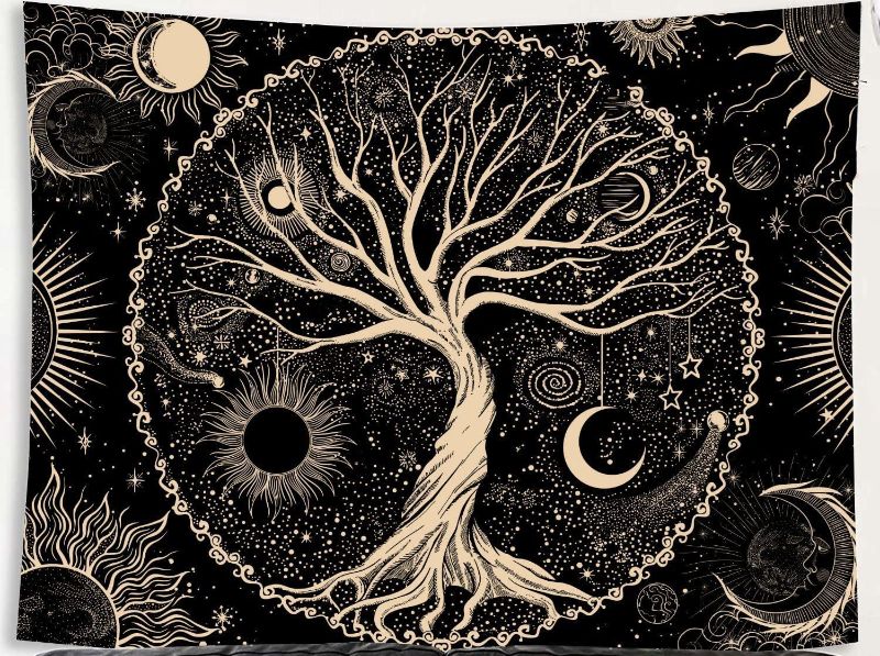 Photo 1 of  Tenacious Tree of Life Tapestry Sun and Moon Tapestry Black and White Tapestry Star Wall Hanging decor for Bedroom