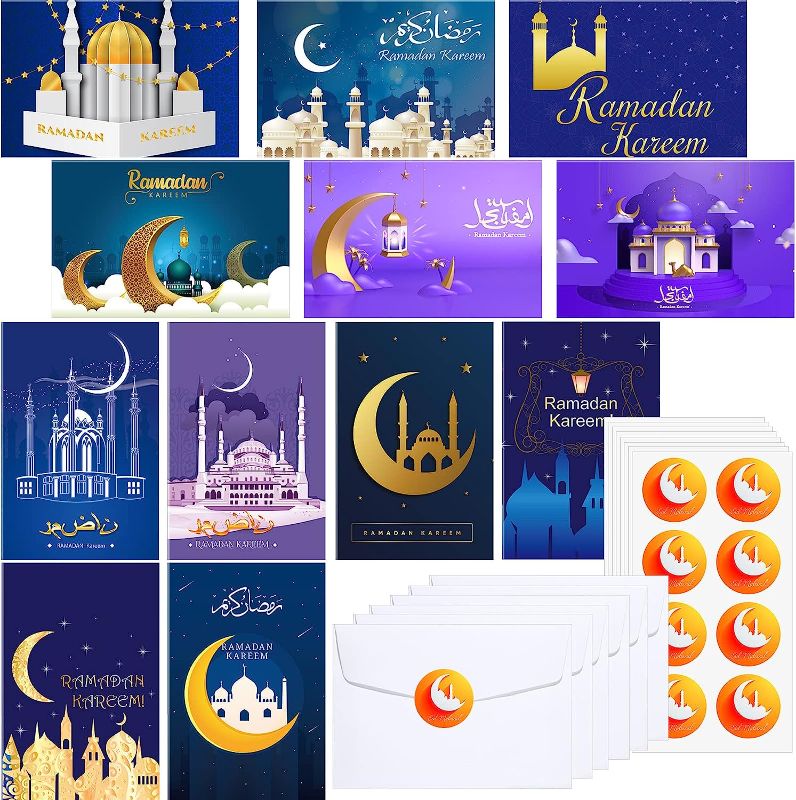 Photo 1 of 240 Set Eid Mubarak Cards with Envelopes Stickers Eid Mubarak Ramadan Holiday Gift Card Set Holder with 240 Envelopes and 240 Cute Stickers