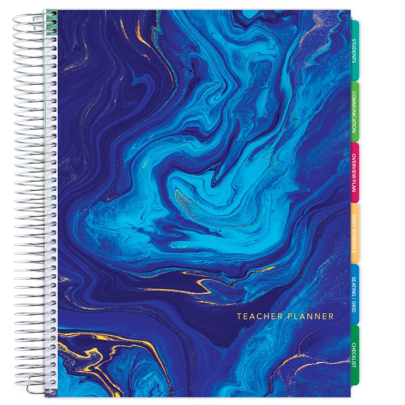 Photo 1 of Elan Publishing Company DELUXE Undated Teacher Planner: 8.5x11 Includes 7 Periods, Page Tabs, Bookmark, Planning Stickers, Pocket Folder Daily Weekly Monthly Planner Yearly Agenda (Dark Blue Marble)