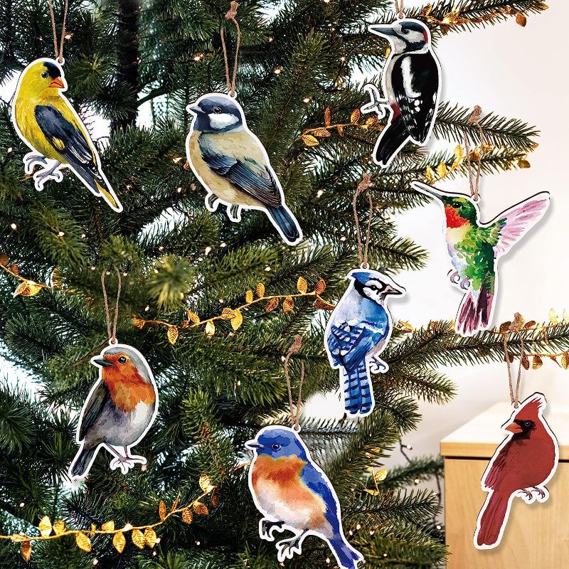 Photo 1 of Christmas Tree Ornament Birds Wooden Hanging Ornament Set of 16, Lifelike Watercolor Style 8 Kinds of Bird Cardinal Hummingbird Goldfinch Robin Chickadee for Xmas Tree Decorations Tags