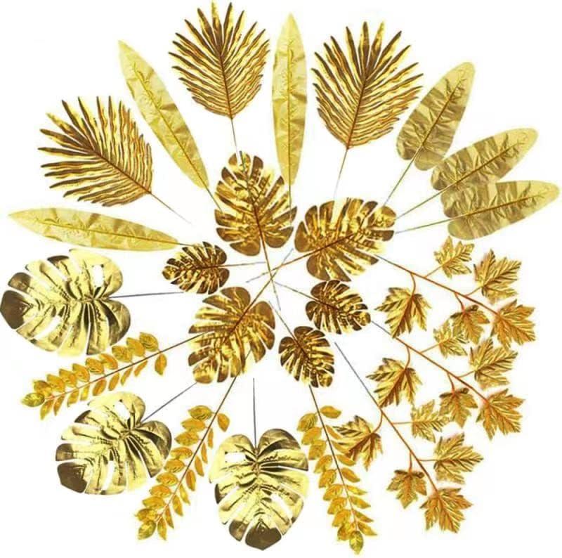 Photo 1 of zhqinger Autumn Leaves Decoration 24pcs Artificial Gold Palm Leaves 8 Kinds Golden Artificial Leaves Tropical Plants for Fall Holiday Birthday Wedding Theme Party Home DIY Decorations Supplies
