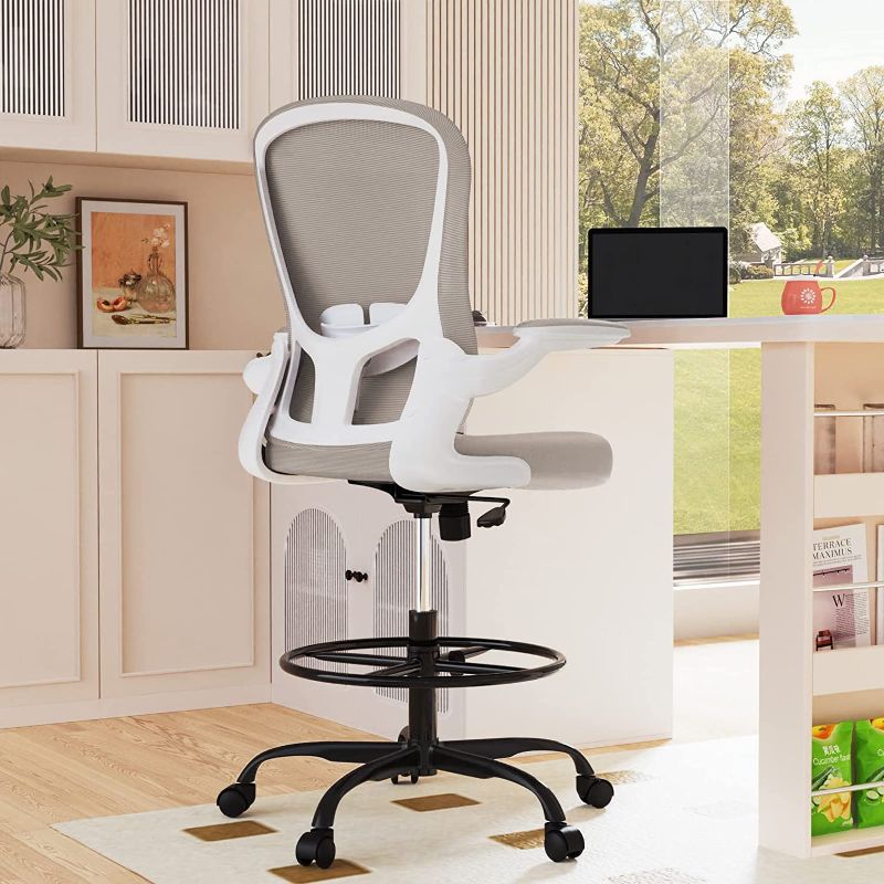 Photo 1 of STORE SEALED Drafting Chair, Tall Office Chair with Flip-up Armrests Executive Ergonomic Computer Standing Desk Chair, Office Drafting Chair with Lumbar Support and Adjustable Footrest Ring
