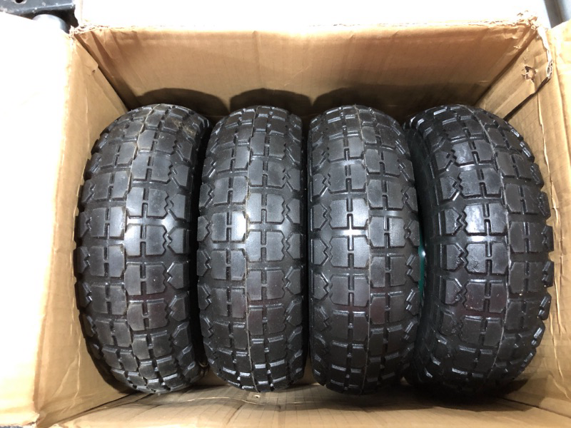 Photo 2 of 4 Pcs 10" Flat Free Tires Solid Pneumatic Tires Wheels, 4.10/3.50-4 Air Less Tires with 5/8" Center Bearings, for Wheelbarrow/Dolly/Garden Wagon Carts/Hand Truck/Wheel Barrel/Lawn Mower, 4 Pack 4 pcs 10'' 4.1/3.50-4