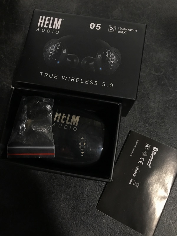 Photo 2 of Helm True Wireless Bluetooth 5.0 Headphones, Earbuds, Audiophile HiFi Sound, Qualcomm aptX, Comfort Secure Fit, Sport Sweatproof, 6 Hrs Play Time +30 Hrs w/Charging Case, Dual Mics, Auto-Pairing[[