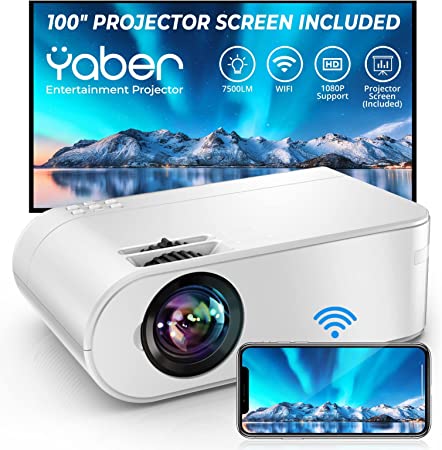 Photo 1 of YABER Projector WiFi Mini Projector, 9000L 1080P Full HD Portable Projector, Zoom, 300" Display, Outdoor Projector [Projector Screen Included] Wireless Mirroring Projector for Phone/TV Stick/HDMI/PS4
