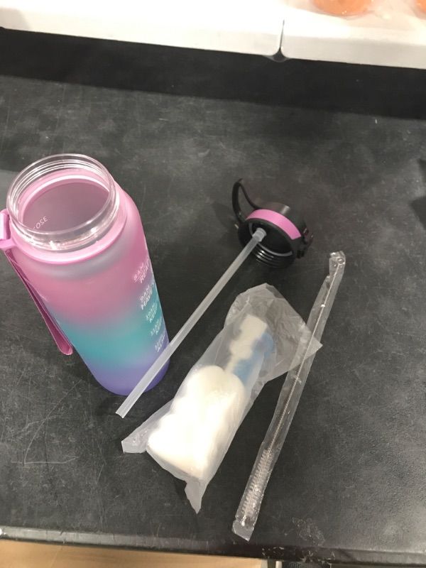 Photo 1 of 32oz Motivational Fitness Sports Water Bottle with Time Marker & Straw, and cleaning kit
