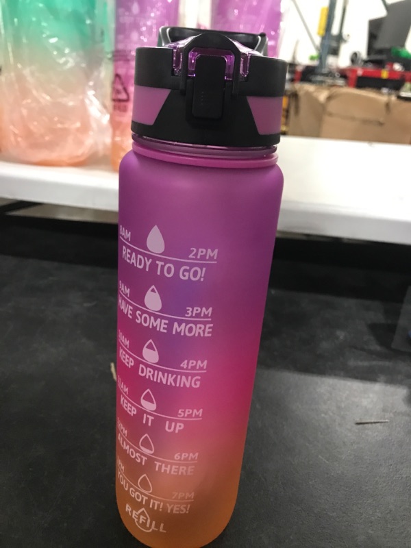 Photo 2 of 32oz Motivational Fitness Sports Water Bottle with Time Marker & Straw, and cleaning kit (pink/orange)