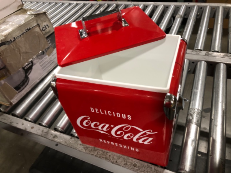 Photo 2 of Coca-Cola Retro Ice Chest Cooler with Bottle Opener 13L (14 qt), 18 Can Capacity, Red and Silver, Vintage Style Ice Bucket for Camping, Beach, Picnic, RV, BBQs, Tailgating, Fishing