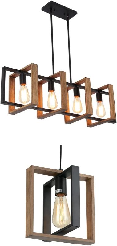 Photo 1 of 35.4" Kitchen Island Lighting,4 - Light Dining Room Farmhouse Chandelier,Black Modern Pendant Lighting,Pool Table Lights,Wood and Matte Black Metal Finish