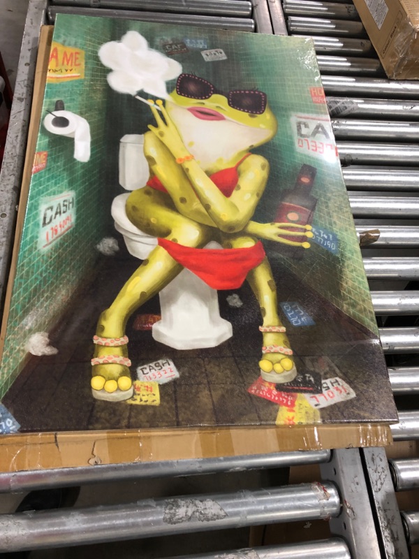 Photo 2 of LevvArts - Funny Bathroom Wall Art Abstract Frog Smoking and Drinking on Toilet Painting Canvas Print Cool Animal Artwork Modern Bar Pub Bedroom Decor Stretched and Framed Ready to Hang