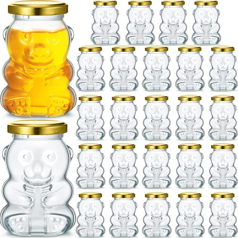 Photo 1 of 24 Pcs Glass Honey Bear Jars with Leakproof Lids, 9.5 oz Cute Bear Glass Honey Bottle Bulk, Clear Honey Containers for Honey Jars Party Favors, DIY, Candles, Crafts, Baby Shower, Wedding Favors (Gold)