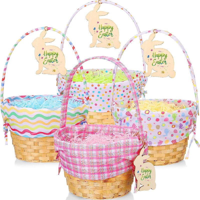 Photo 1 of 4 Pcs Easter Basket Picnic Basket Woven Basket with Handle Wooden Cute Baskets for Wood Basket Picnic Hamper Easter Eggs and Candy Basket with 4 Bags Lafite Grass 4 Pcs Rabbit Wood Chips (Pattern)