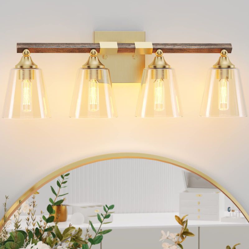 Photo 1 of 4-Light Gold Farmhouse Vanity Lights Fixture, Rustic Wood Bathroom Light Fixtures Over Mirror, Industrial Vintage Wall Sconces Lights with Clear Glass Shade for Bathroom Living Room Kitchen Stair 4 Light Gold
