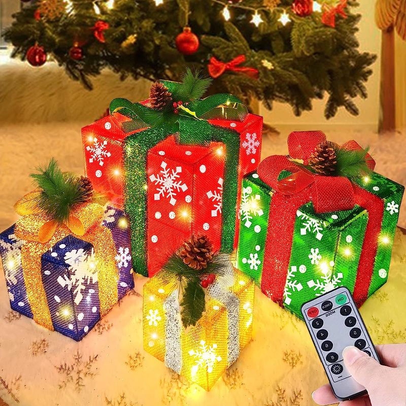 Photo 1 of [ Super Large 12"-10"-8"-7" ] 4 Pack Lighted Gift Boxes Christmas Decorations 70 LED Plug in Light up Present Box with Snowflakes Bows Christmas Indoor Outdoor Decor Home Yard Party Xmas Tree