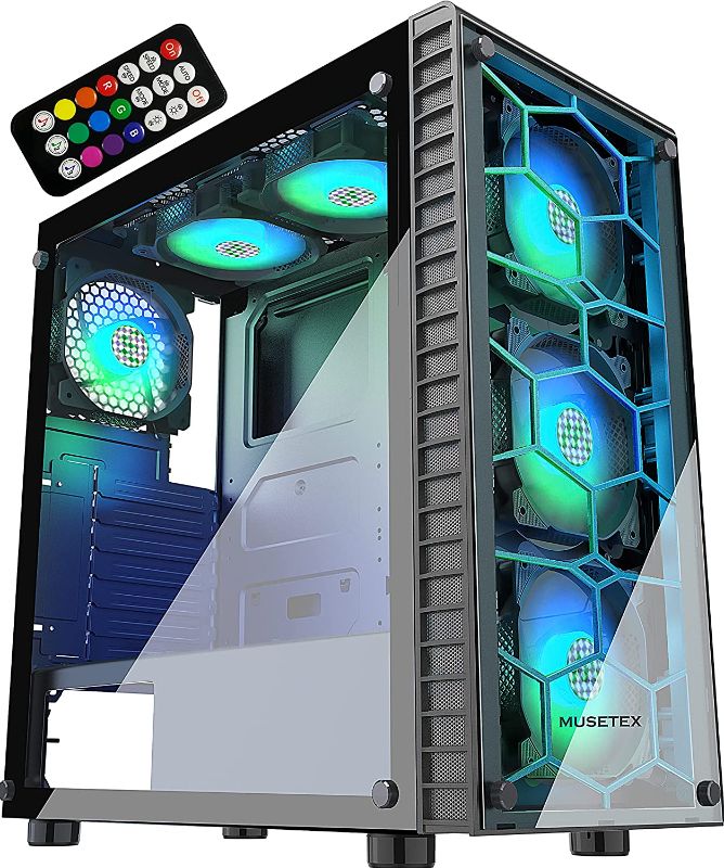 Photo 1 of MUSETEX ATX PC Case with 6 Pcs 120mm ARGB Fans, Computer Gaming Case Mid-Tower Phantom Black, Tempered Glass Computer Chassis, USB 3.0, MN6-B
