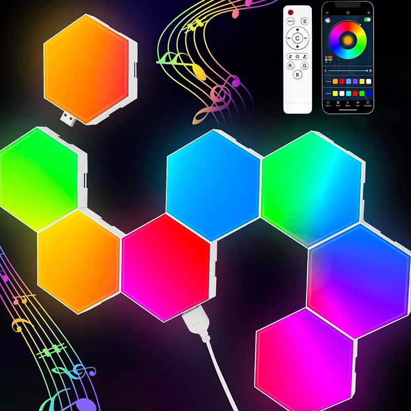 Photo 1 of (ONLY 6) Limited-time deal: TISOFU Hexagon (8 Pack) LED RGB Gaming Lights with APP Smart Modular Panel Hex Tiles Push Glide Expansion Shapes Wall Lights
