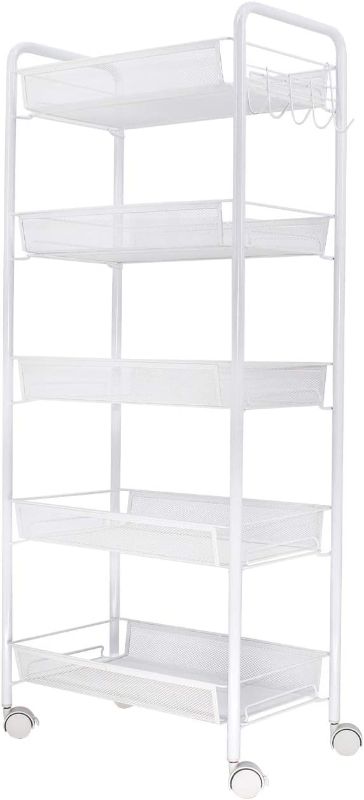 Photo 1 of 5-Tier Rolling Utility Storage Rack Cart on Wheels, Trolley Craft cart, Multi-Purpose Organizer Shelf, White