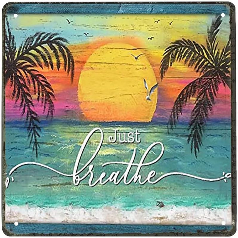 Photo 1 of Xiddxu Metal Vintage Tin Sign Decor Sunrise Wall Art Just Breathe Ocean Sunset Old Fashion Aluminum Sign for Home Coffee Dining Room Wall Decor 12x12 Inch