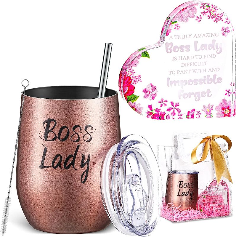 Photo 1 of 2 Pcs Boss Day Gifts for Women Includes Heart Shape Appreciation Gift Plaques Paperweight and 12 oz Stainless Steel Insulated Boss Lady Tumbler with Plastic Gift Bag Bosses Day Gifts for Female Boss 