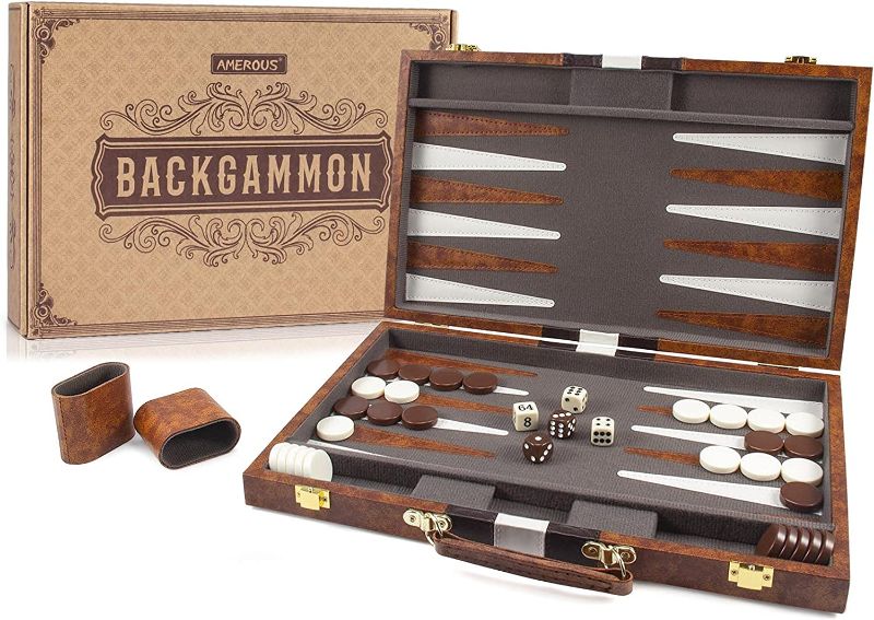 Photo 1 of AMEROUS Backgammon Set, 15 Inches Classic Board Game with Leather Case, Folding Board, Gift Package, Portable Travel Strategy Backgammon Game Set for Adults, Kids (Medium, Brown) 