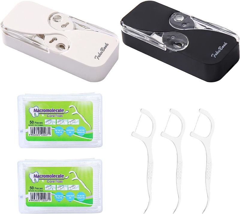 Photo 1 of 2 Pcs Portable Floss Dispenser, Dental Floss Dispenser with 124 Floss Pick, Refillable Floss Box Dispenser Portable Floss Pick Dispenser for Women Men Teeth Cleaning (White & White) 