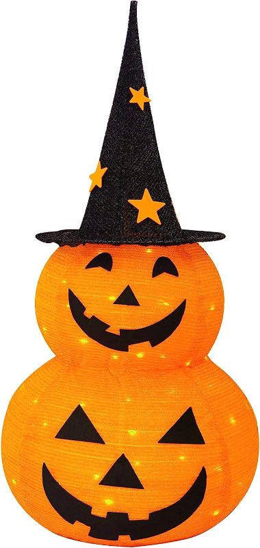 Photo 1 of 3FT Halloween Collapsible Pumpkin Decorations, Pre-Lit Light Up 50 LED Pumpkin with Star Hat 8 Lighted Mode, Pop Up Jack-o-Lantern with Metal Stand for Indoor Outdoor Yard Holiday Decor