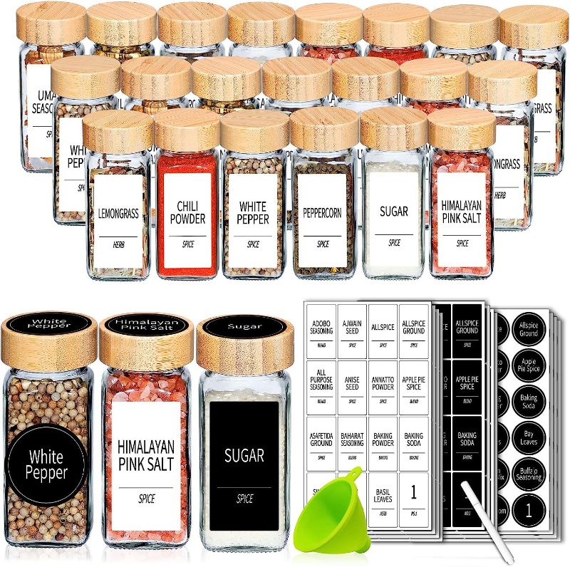 Photo 1 of 48 Spice Jars with Labels- Spice Jars with Bamboo Lids - 4 Oz Glass Spice Containers with Shaker Lids, 547 Spice Labels of 3 Different Types...