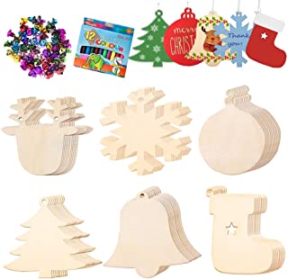 Photo 1 of 60Pcs Unfinished Wooden Christmas Ornaments, Christmas Tree Ornaments Decorations, DIY Arts and Crafts Christmas Crafts for Kids with 60 Colorful Bells 12 Color Pens