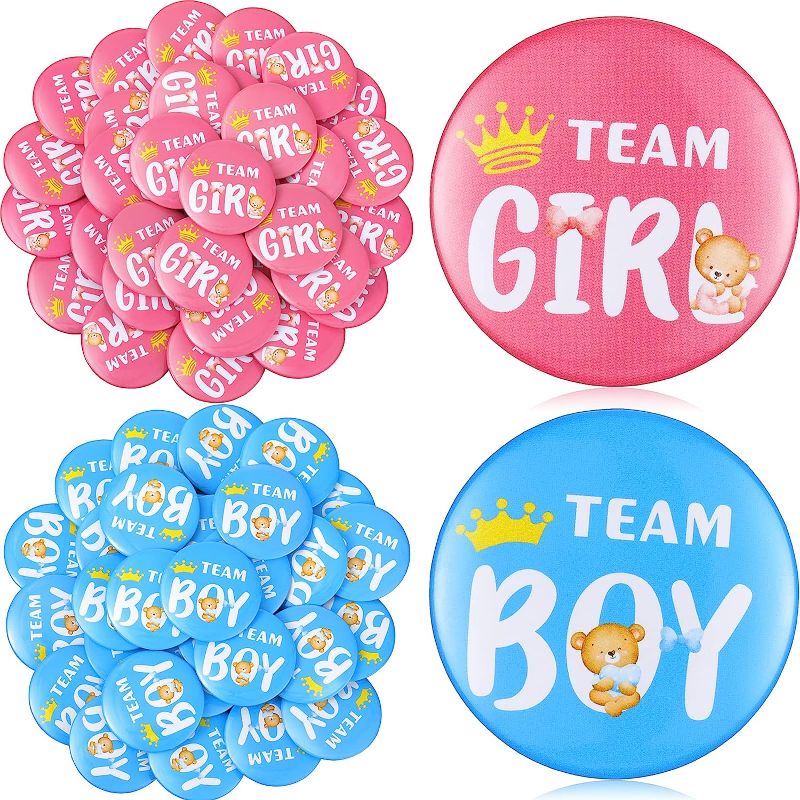 Photo 1 of 200 Pieces Gender Reveal Pins Gender Reveal Buttons Team Boy Team Girl Pins Pink Blue Team Boy Girl Button Pins Gender Reveal Favors Gender Reveal Party Game Supplies for Baby Shower Party, 2 inches