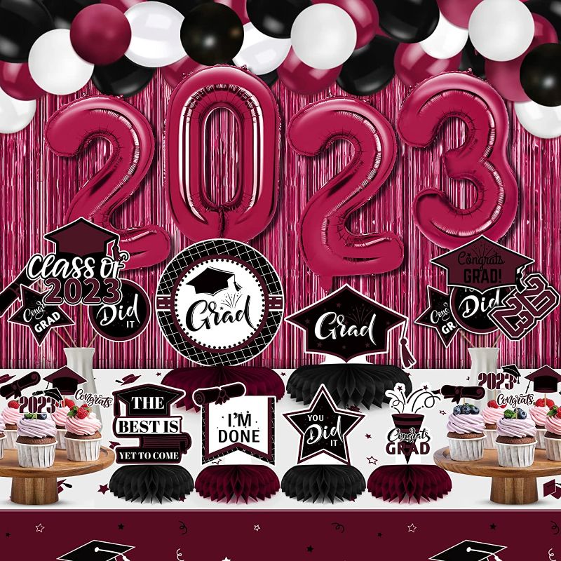 Photo 1 of 2023 Graduation Party Decorations, Black & Maroon Graduation Decorations Kit Include Balloons and Table Decor, Ideal Congrats Grad Party Supplies For High School/College 